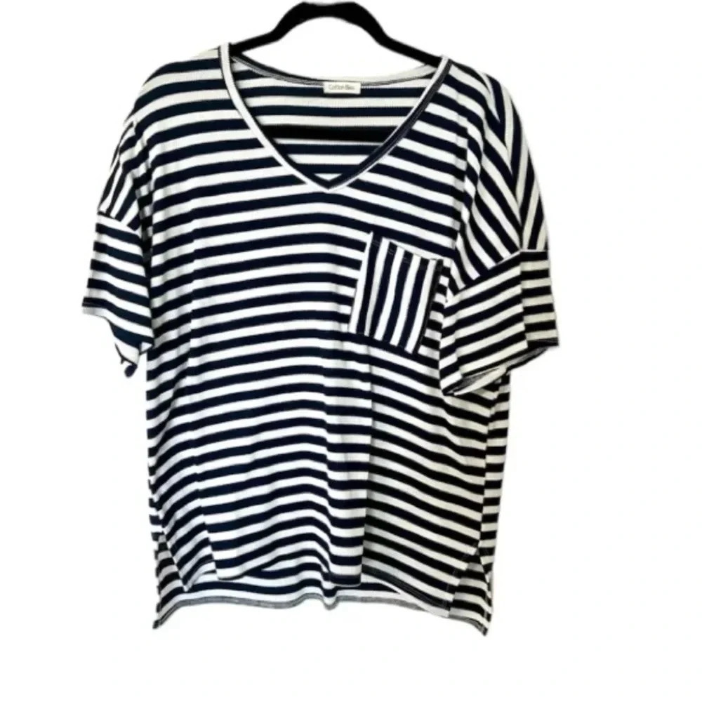 Cotton Bleu Women's Short Sleeve Navy/White Striped V-Neck Ribbed Top Sz L GUC